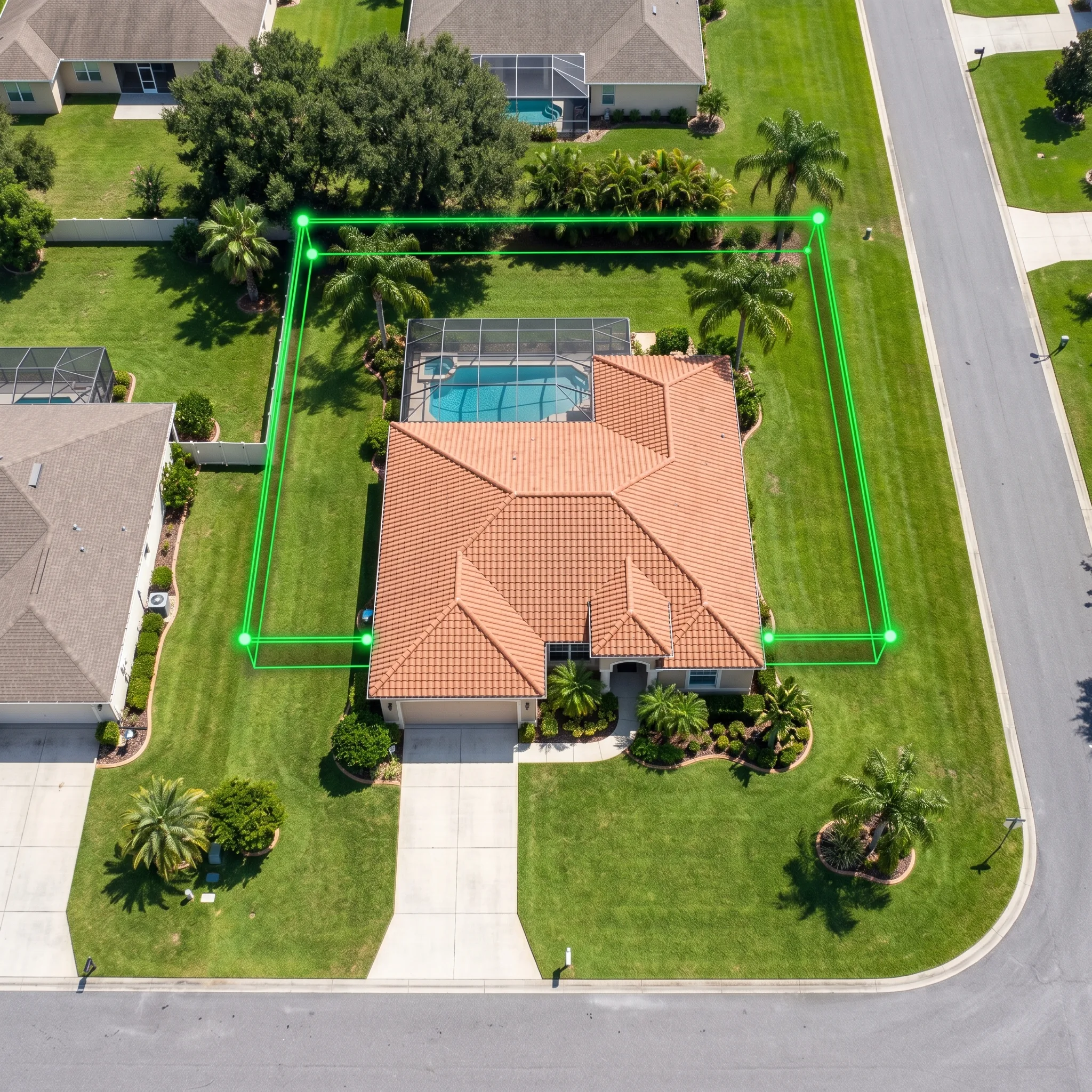 Aerial view of an Ocala property with green digital fence layout overlay — fast and easy way to get a real fence quote online