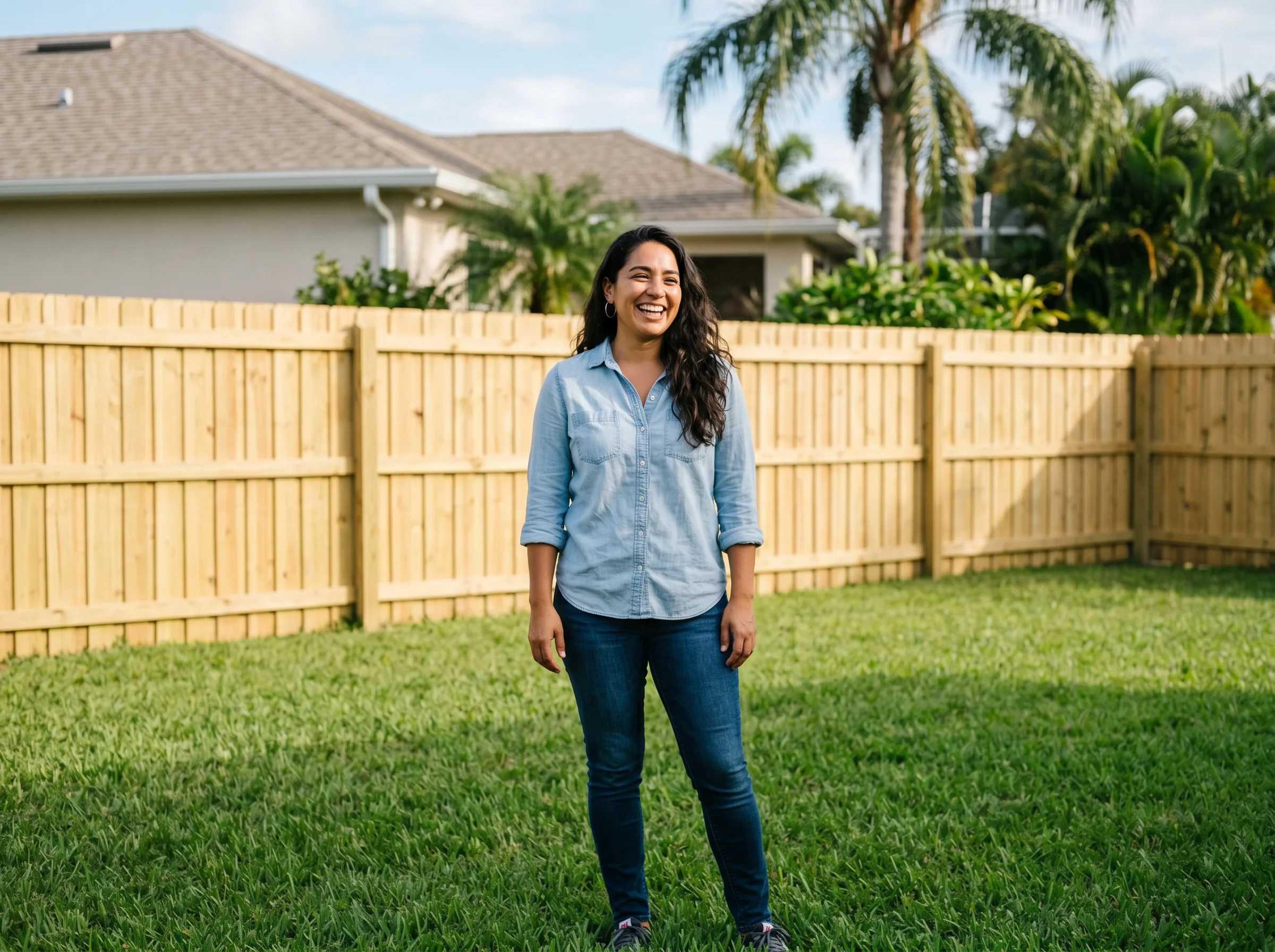 Happy Marion County homeowner standing in front of her brand-new fence install by Fence Experts of Ocala