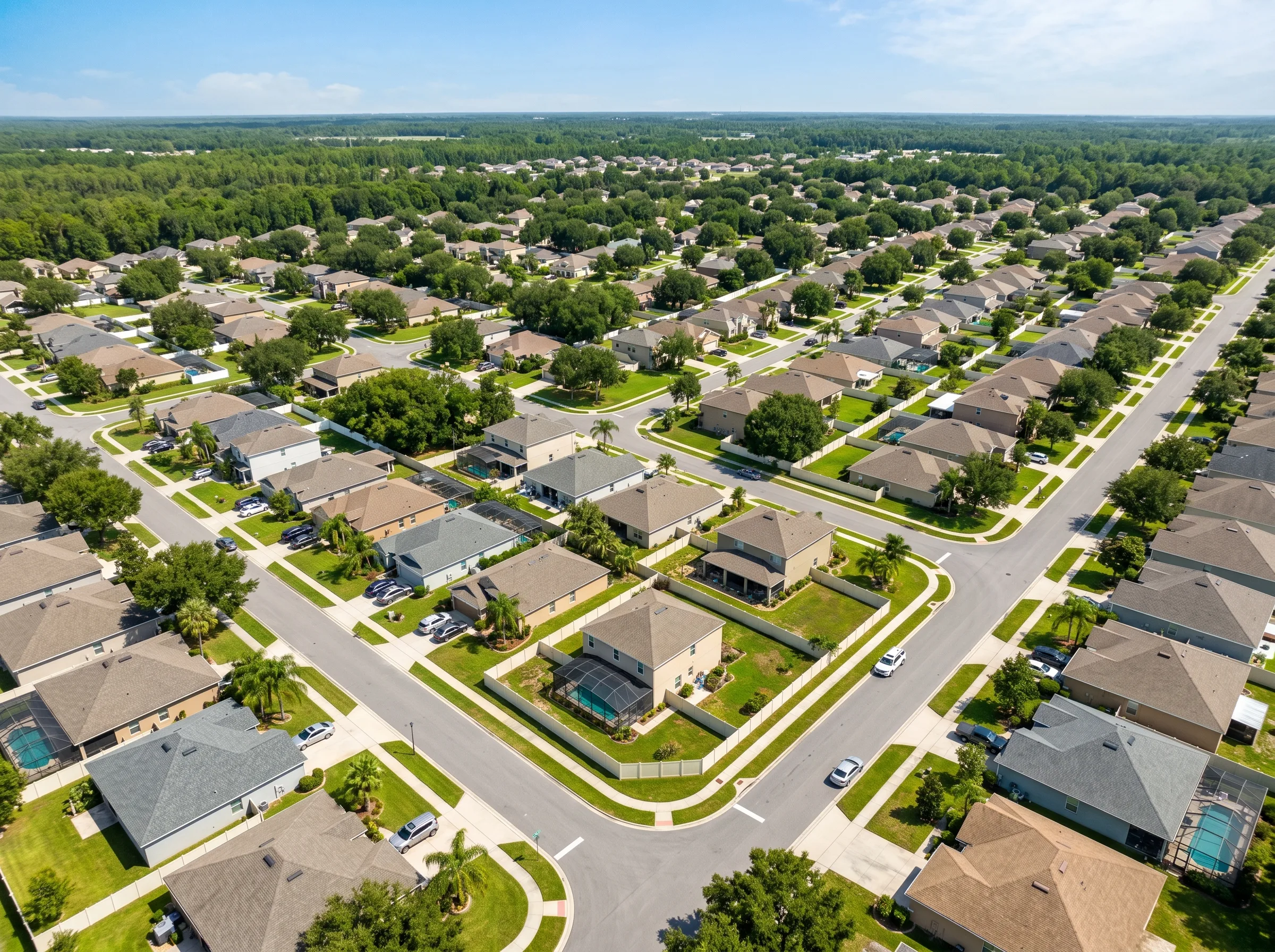 Marion Oaks FL residential community with palm trees and family homes — Fence Experts of Ocala primary service area