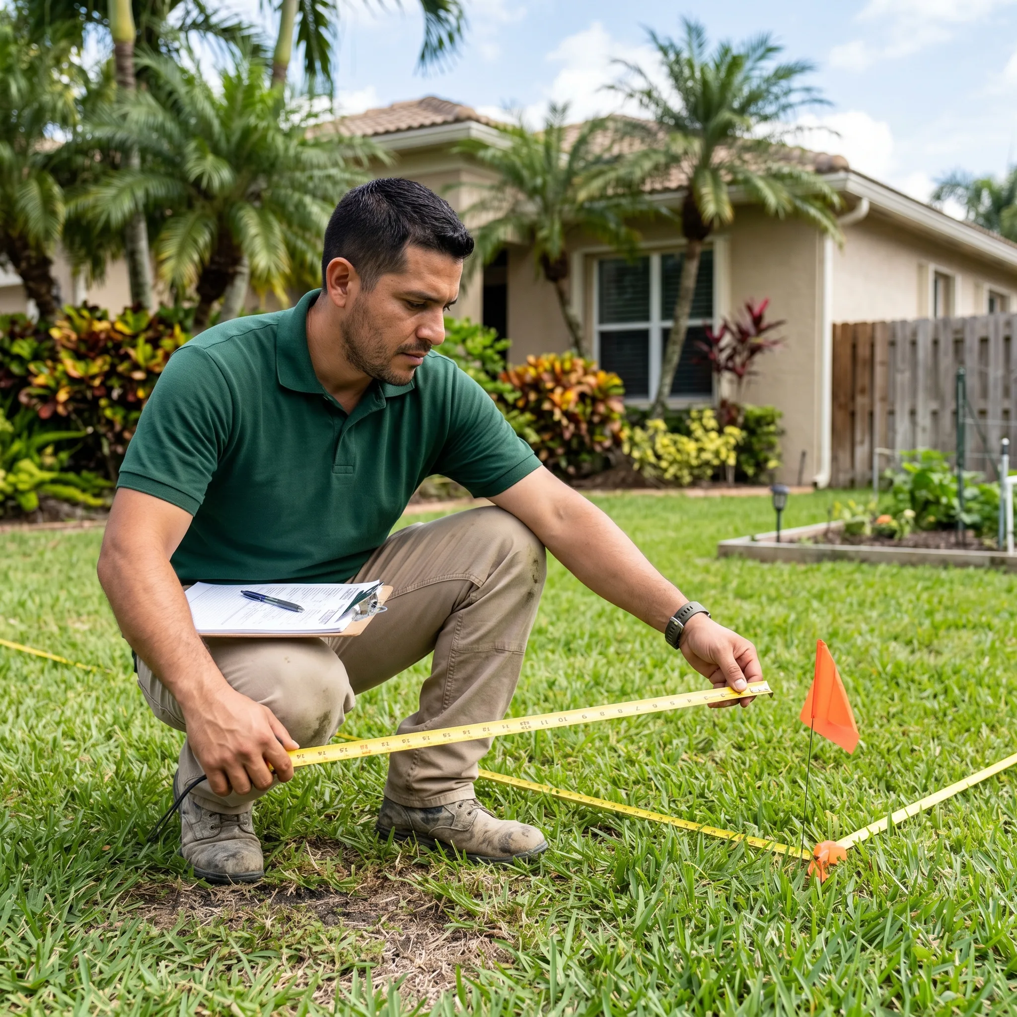 Fence Experts of Ocala contractor measuring a Florida residential backyard with a tape measure