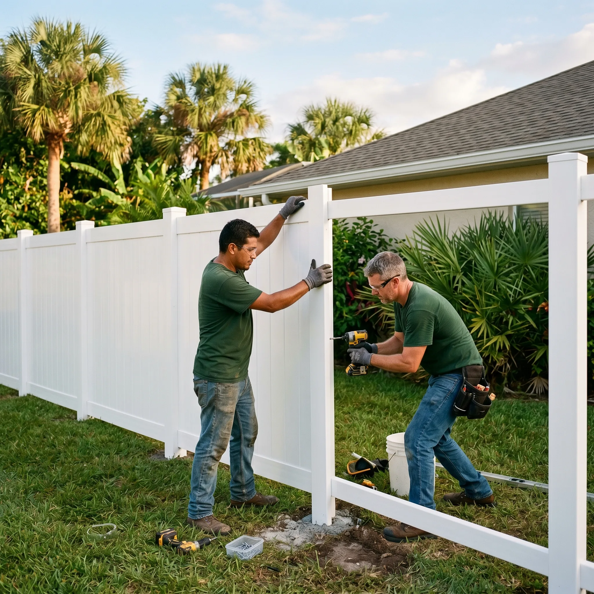 Fence Experts of Ocala crew installing a white vinyl privacy fence in a Florida backyard